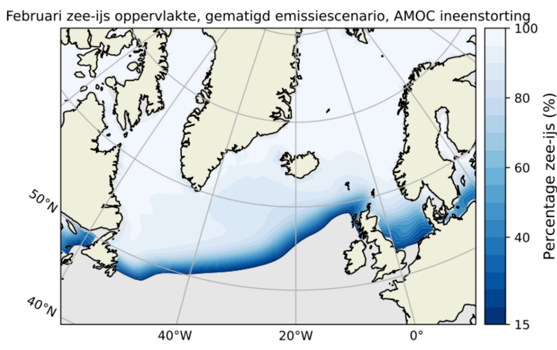 Als de AMOC stilvalt bij een matig scenario van CO2-uitstoot kan het zeeijs in de winter veel zuidelijker komen.