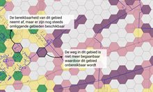 Een voorbeeld van de kaart in het kaartverhaal. De bereikbaarheid van een gebied neemt af, maar is de omliggende gebieden blijven goed bereikbaar. De ander gebeid is niet meer goed bereikbaar, doordat de omliggende gebieden onbereikbaar zijn.