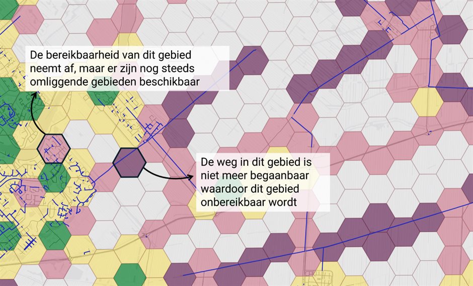 Een voorbeeld van de kaart in het kaartverhaal. De bereikbaarheid van een gebied neemt af, maar is de omliggende gebieden blijven goed bereikbaar. De ander gebeid is niet meer goed bereikbaar, doordat de omliggende gebieden onbereikbaar zijn.