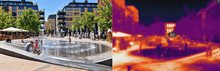 Links staat een gewone foto op een zonnige dag met blauwe lucht. In het midden ligt een ondiep, rond waterbassin met spuitende fonteinstraaltjes in de grond. Kinderen spelen in het water, een volwassene en kinderen zitten op de schuine stenen rand, en er staat een camera op een statief. Rond het plein staan omen, terrassen met parasols en appartementengebouwen met balkons. Rechts staat een warmtebeeld van hetzelfde plein, in kleuren van paars (koel) tot oranje en geel (heet). Het waterbassin, de bomen en de lucht zijn paars en dus relatief koel. De bestrating, de stenen rand van het bassin, de terrassen en de zonbeschenen gevels kleuren oranje tot geel en zijn het warmst.